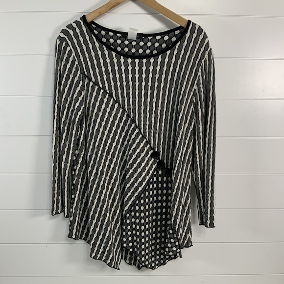 Yushi Tunic Top Womens Medium Black White Striped Polka Dot Button Detail USA - Picture 1 of 9